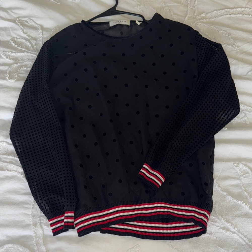 Sandro Black and Red Crew Neck Sweater with Sporty Trim